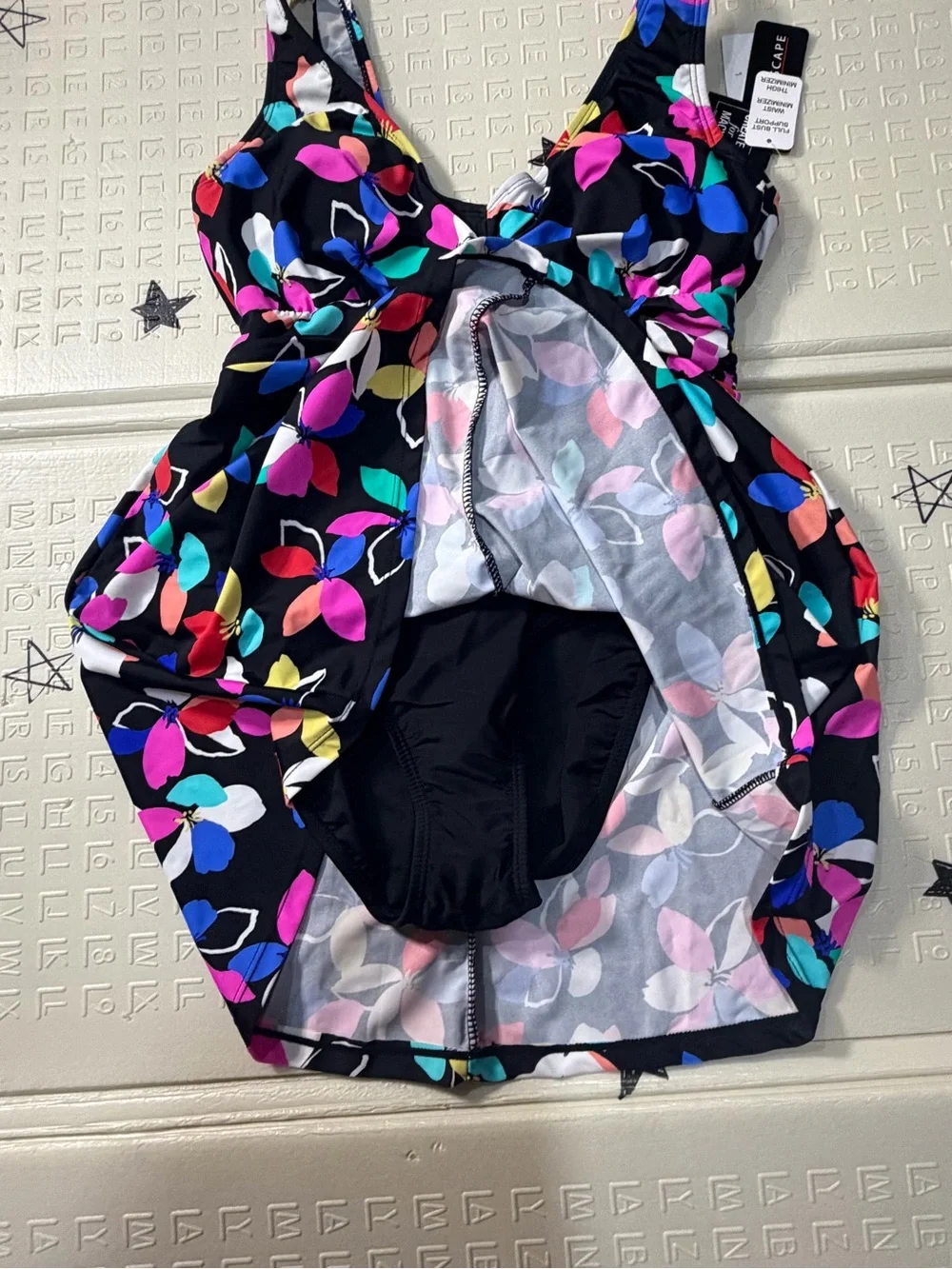 Maxine of Hollywood Black One-Piece Swimsuit with Multicolor Floral Print